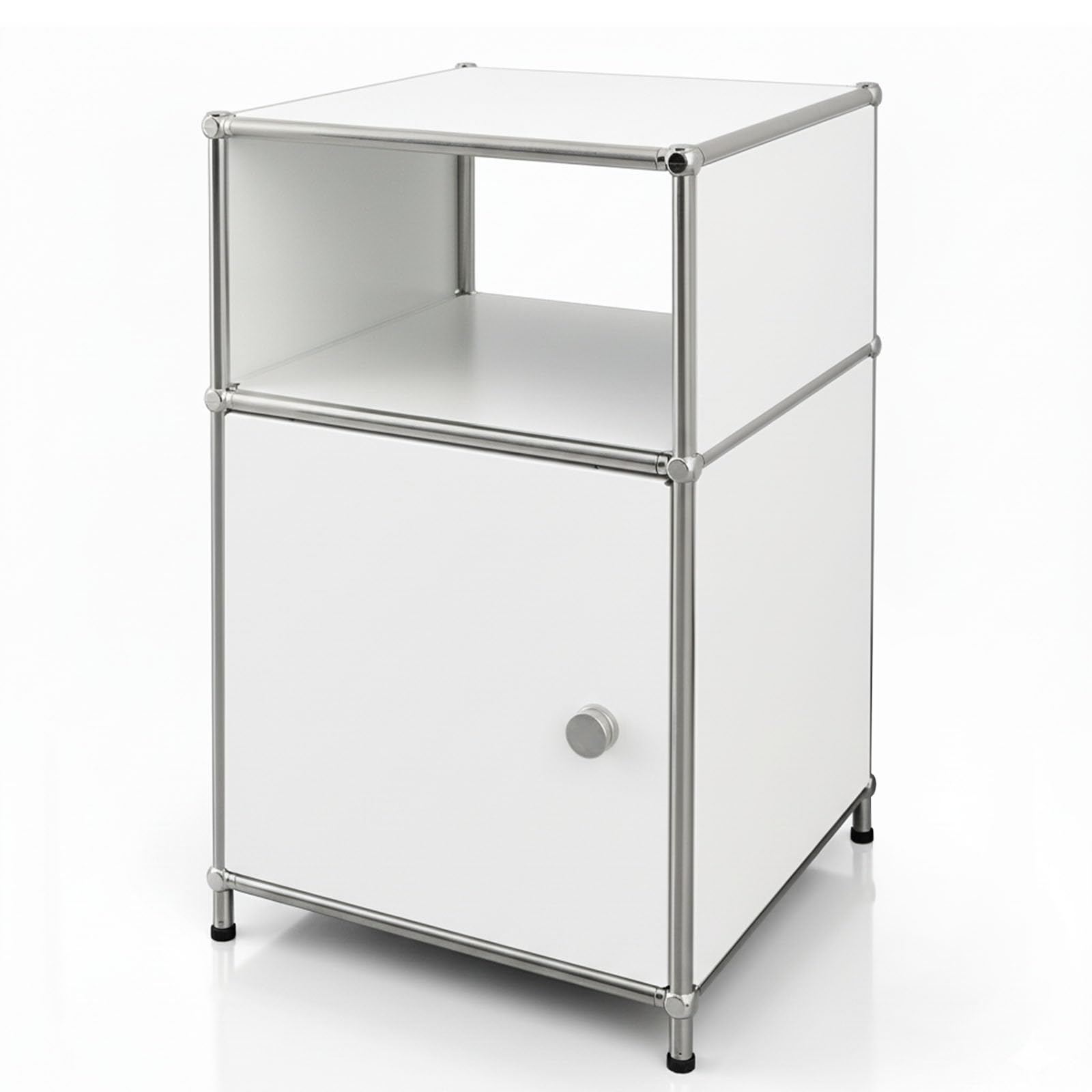 Floordirekt Concept Epure MK-040 - Estantería de metal, mesa auxiliar, color blanco, cromo, 65 x 40 cm, sistema modular de ranuras en diseño moderno, estantería de metal para salón, oficina, pasillo