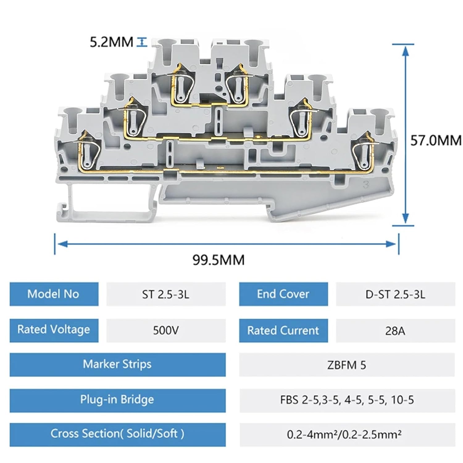 50Pcs Spring Terminal Block ST-2.5-3L
