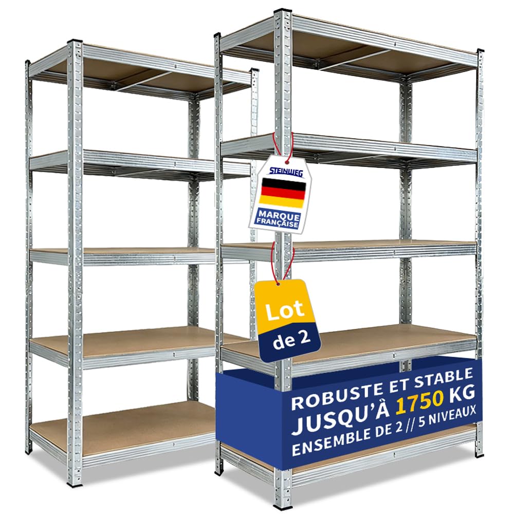Steinweg Lot de 2 Étagères Charges Lourdes 180x90x40cm Galvanisées | Charge maximale 875 kg, 0,63 mm, 5 panneaux MDF réglables, Pour cave et atelier