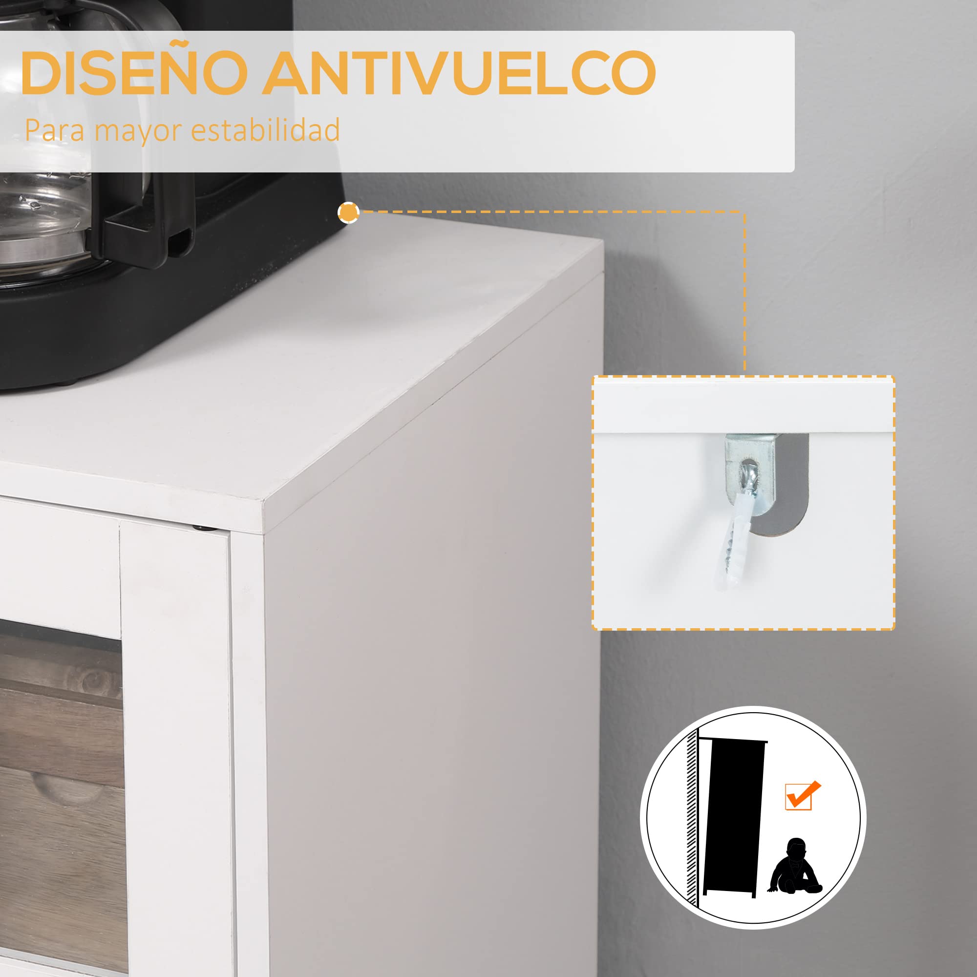 HOMCOM Aparador de Cocina con Botellero Mueble Buffet Auxiliar con 3 Puertas de Vidrio y Botellero en Forma X para 4 Botellas para Comedor Estilo Moderno Antivuelco 90x37x75 cm Blanco