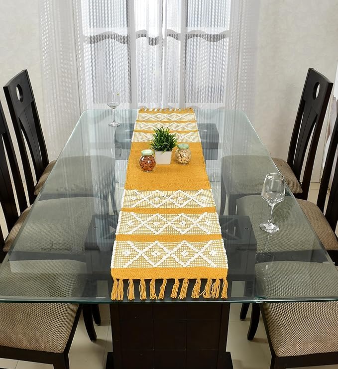 Image of Handwoven Designer Organic Cotton Table Runner for 6 Seater Dining Table |Center Table | Patio Table |Coffee Table (14*72 INCHES)|Yellow D| TRBL 020