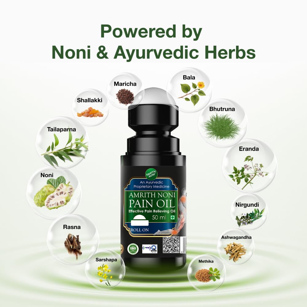 Amrith Noni Pain Oil Rollon 50ml | Ayurvedic pain relief roll on for low Back, Joint, Knee, Body, Ankle, Muscle, Neck, Shoulder, Elbow - Pack of 3