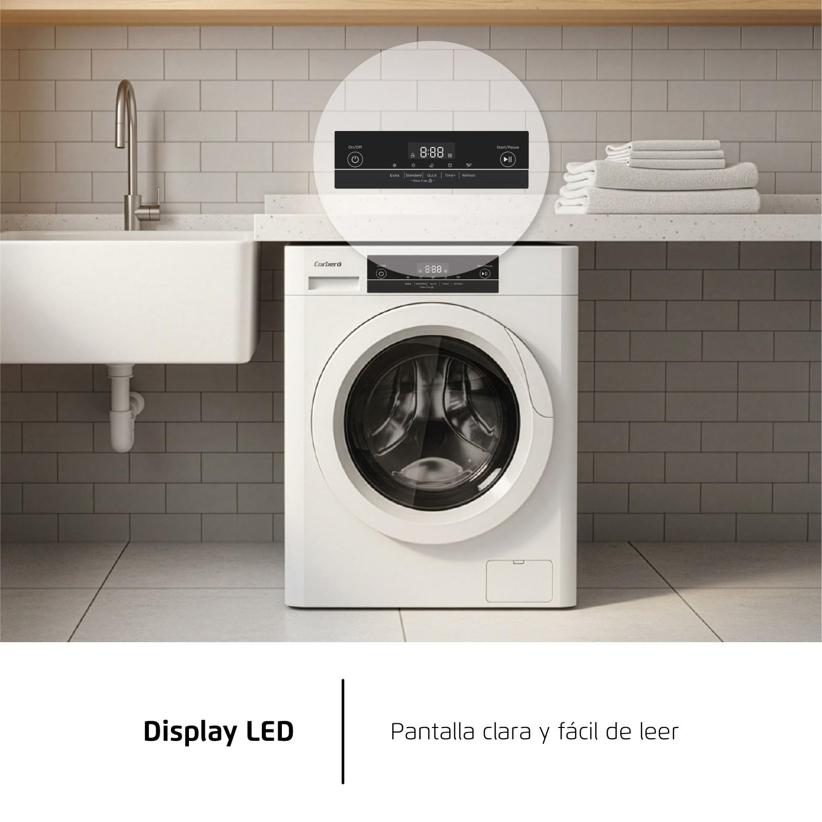 Corberó CSM320W Sèche-linge d'évacuation Charge avant, 3 kg, Évacuation, Affichage LED, Blanc, 5 programmes, séchage rapide 45 min, ouverture 180°, 65dB, Efficacité énergétique C