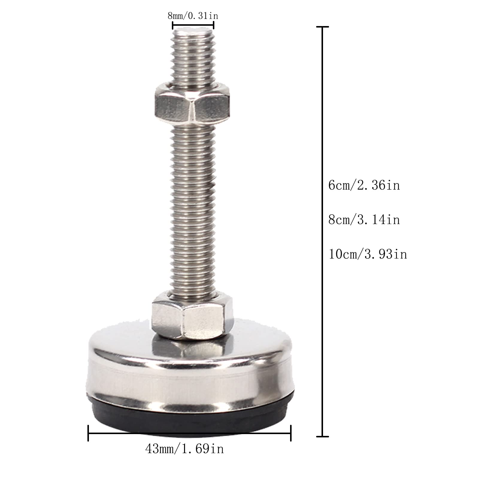 SRHIMEOS Piedini di Livellamento, Piedini Regolabili per Mobili in Acciaio Inox Robusto 4 Pezzi Regolabile con Base in Gomma Antiscivolo e Dado (8cm/3.14in)