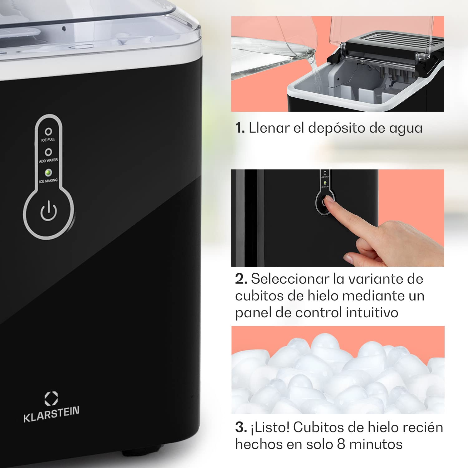 Klarstein Maquina de Hielo para Casa 1,5L, Ice Maker Encimera 12 kg, Maquina para Hacer Cubitos de Hielo Grandes Doméstica para Casa con Panel Táctil y Sistema Fácil Limpieza, Función Rápida