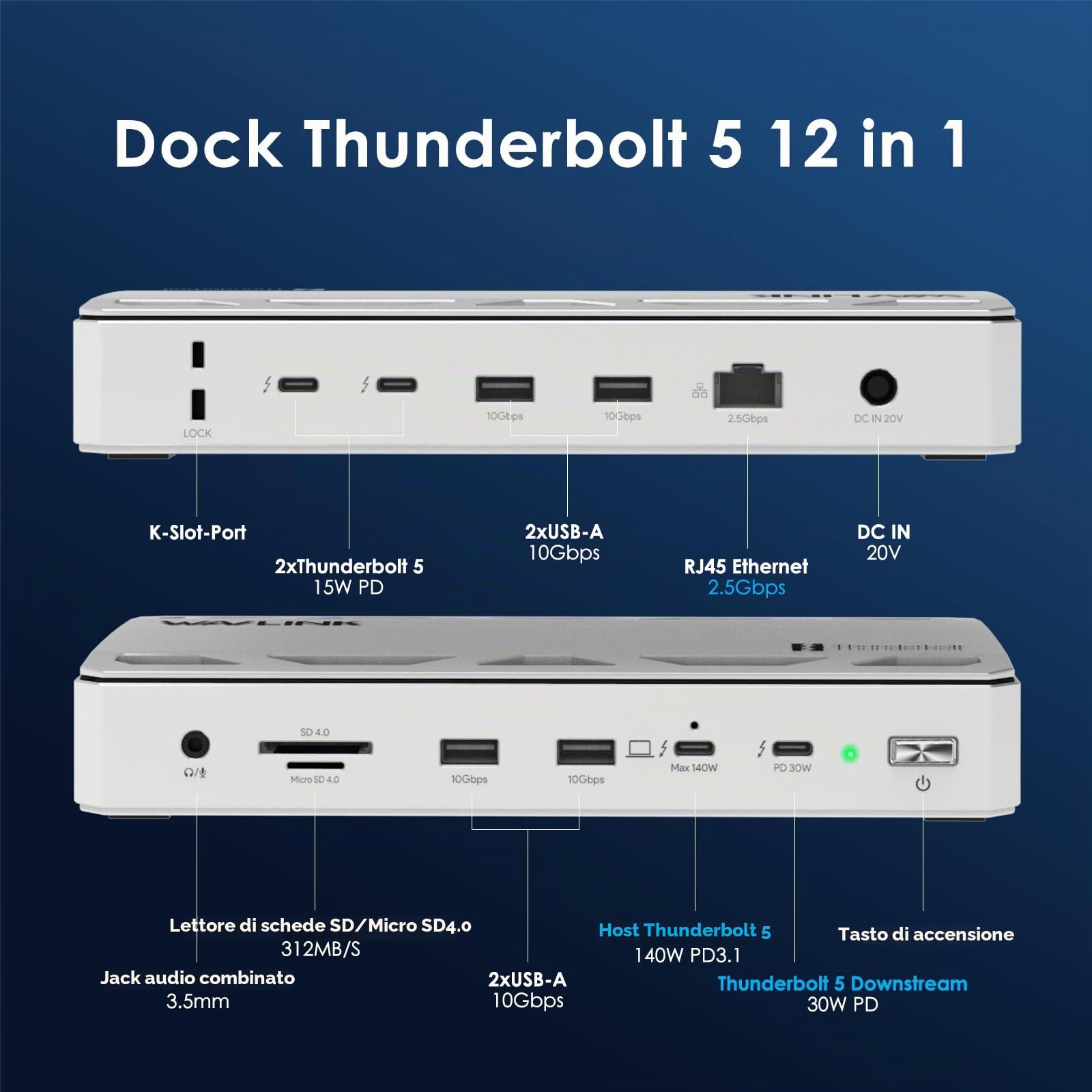 WAVLINK Docking station Thunderbolt 5 certificata Intel | Trasferimento dati massimo a 120 Gbps, PD IN da 140 W, Ethernet 2.5G, 4 x USB-A 3.2 Gen 2, SD4.0, per laptop con TB5/4