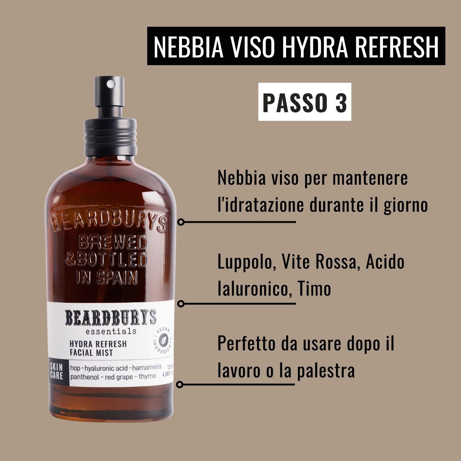 Beardburys Essentials Skincare | Pacchetto di routine facciale per uomini. Kit crema idratante + nebbia facciale + dopo barba da barba. Cosmetici con acido ialuronico e luppolo. Skincare Face Man