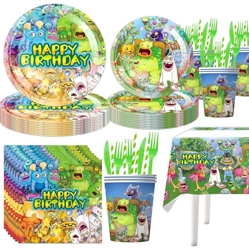 141pcs Singing Monsters Birthday Tableware Decorations Party Plates Cups Soccer Theme Napkins Singing Monsters Party Decoration