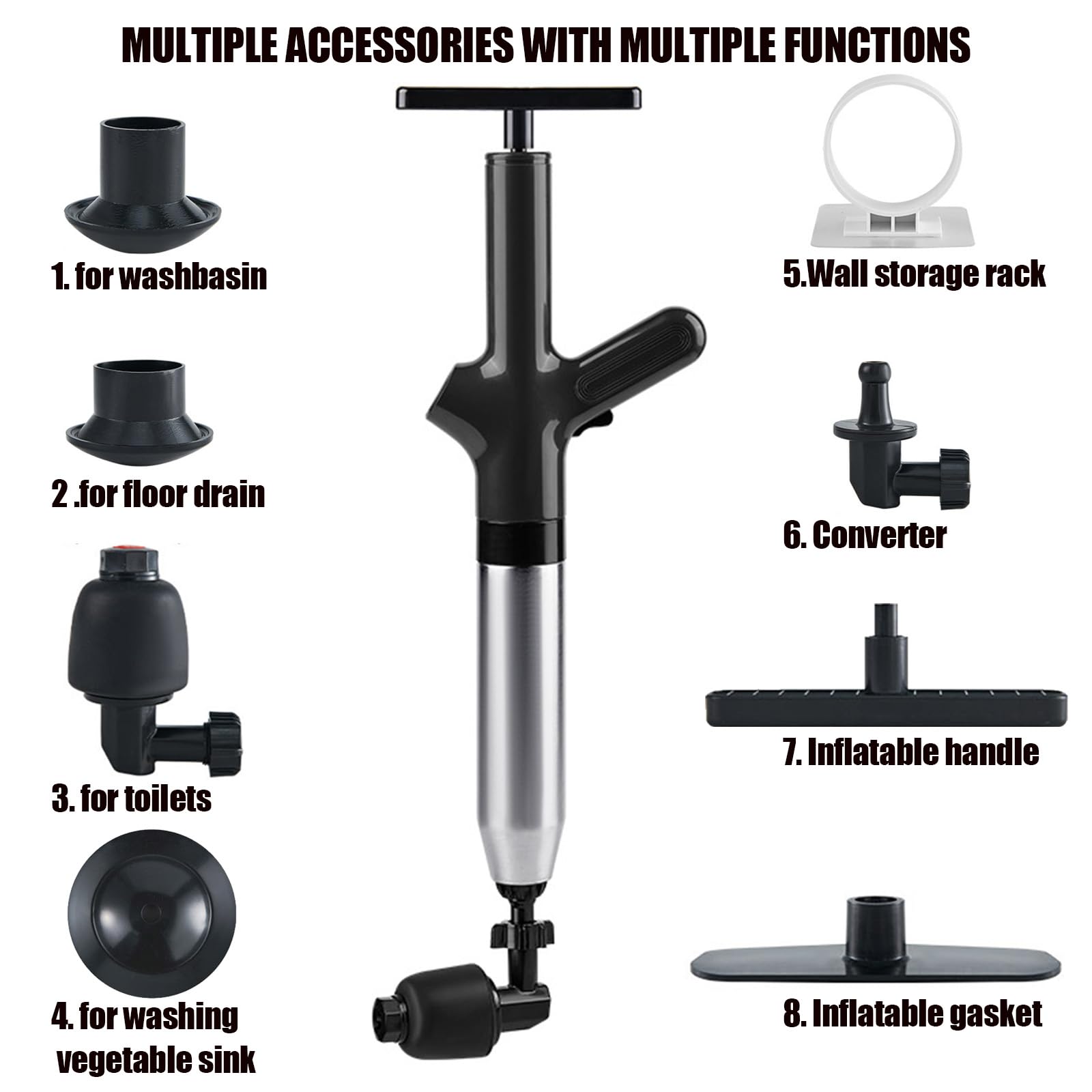 Wenbones Stura WC ad Aria Compressa, Pompa Carichi a Pressione Stantuffo, Stantuffo Pulitore per Tubi ad Aria Compressa ad Alta Pressione per WC, lavandino, Vasca da Bagno (2024 Classica Nero)
