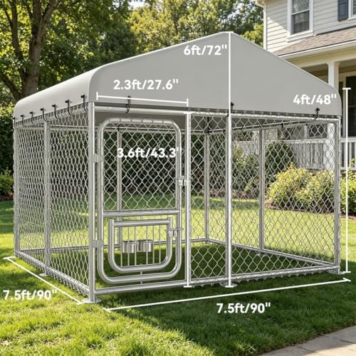image for COMHOMA 7.5×7.5FT Dog Kennel Outdoor with Adjustable Bowls Feeder,Lar