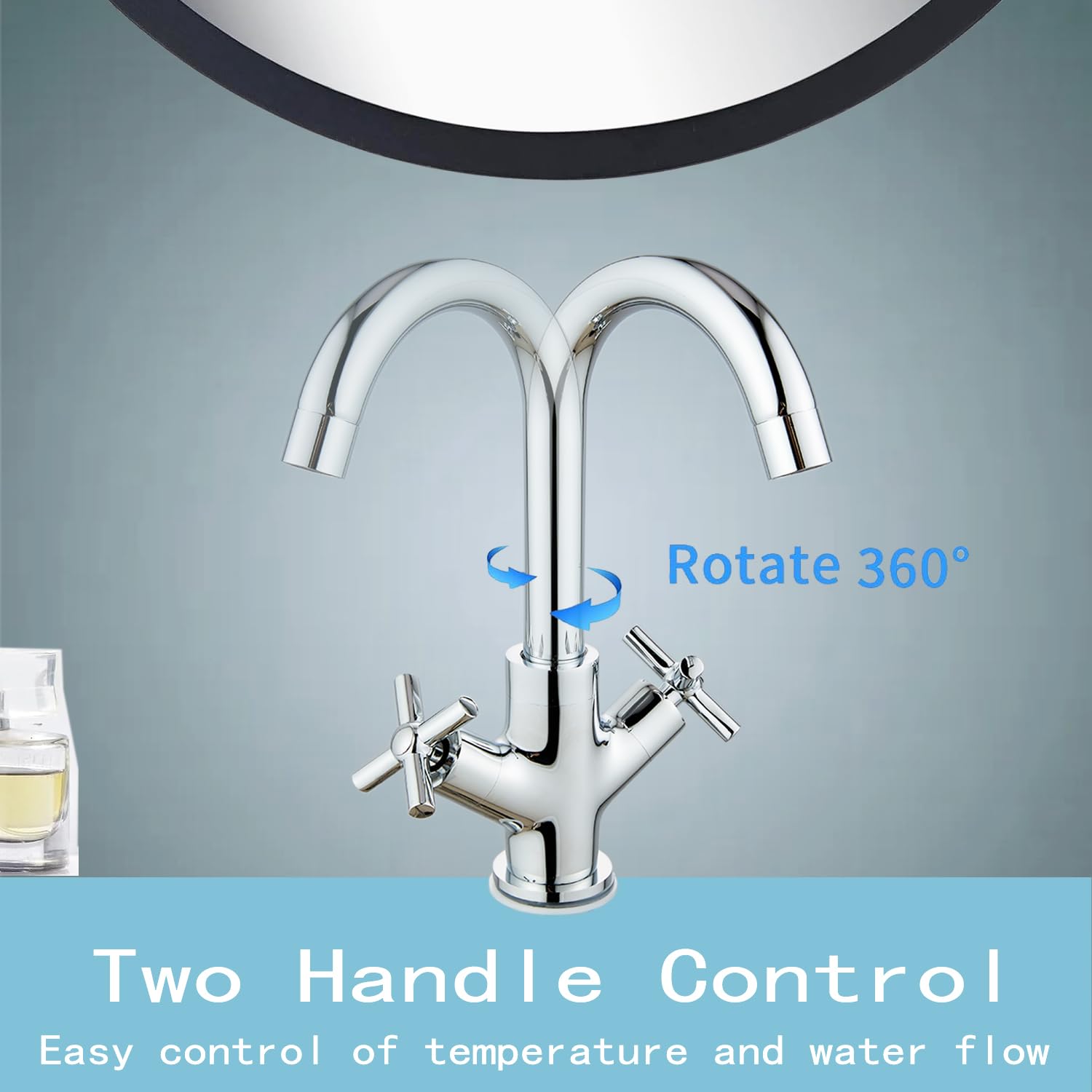 Eovem Basin Mixer Tap Dual Cross Lever Bathroom Basin taps 360 Swivel Spout Basin Sink Mixer Tap,Chrome - Image 3
