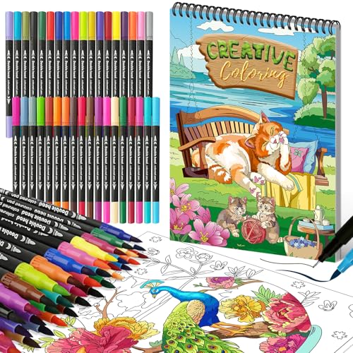 Kalysky Malbuch für Erwachsene und Marker Set A4 Spiral Ausmalbuch für Erwachsene 30 Mustern mit 36 Farben Marker Entspannung Stressabbau Kunsttherapie Achtsamkeits Geschenk für Frauen