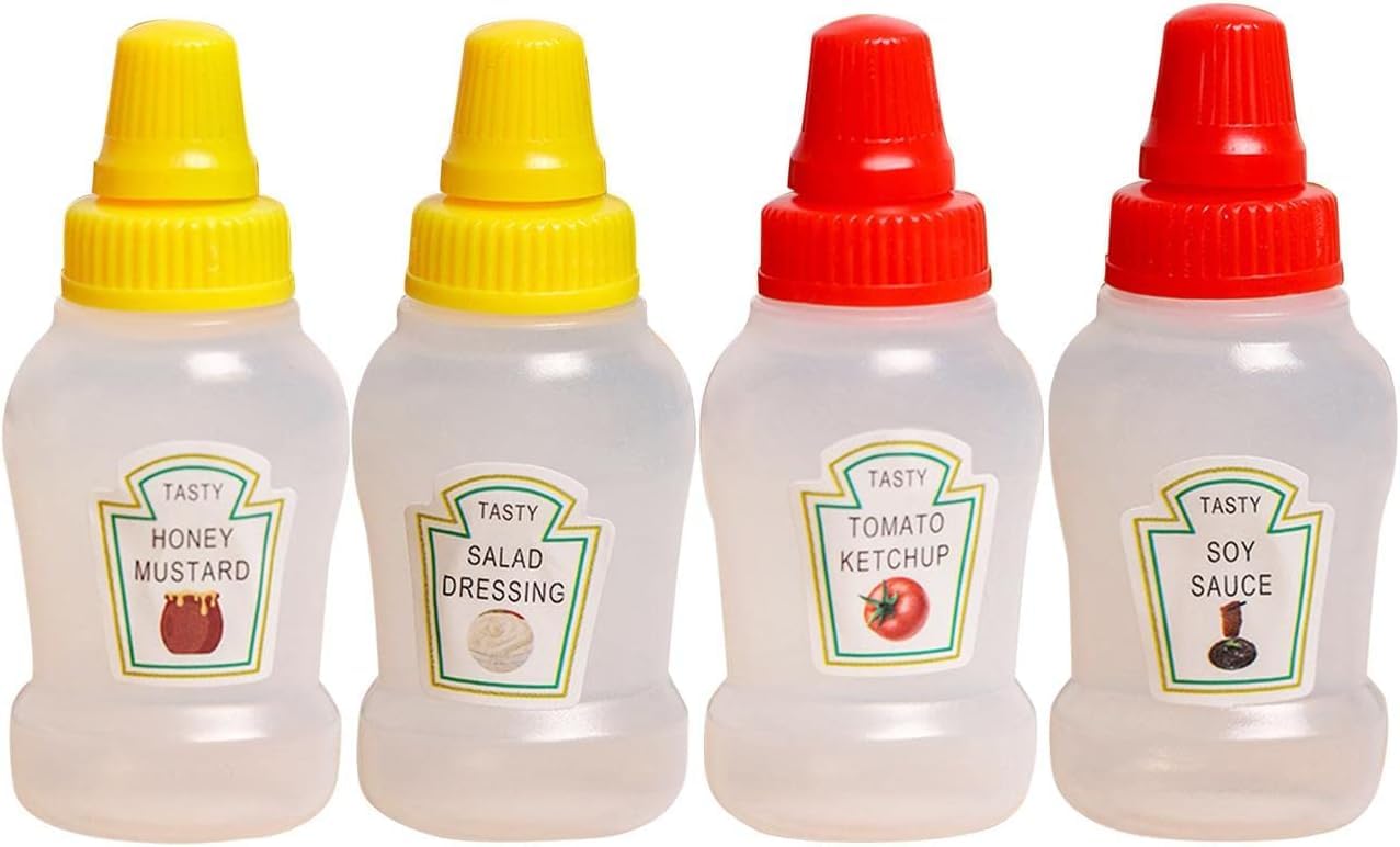 Txuolin Clear 4Pcs Mini Ketchup Bottles, 25Ml Refillable Condiment Squeeze Bottle Salad Dressing Tomato Bento Box Mayo Syrup Containers Condiment Squeeze Bottles