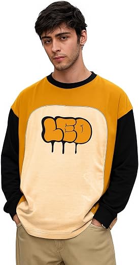 LEOTUDE Oversized Full Sleeve Cottonblend Graphic Printed Round Neck Drop Shoulder Tshirt for Man (Color Mustard)