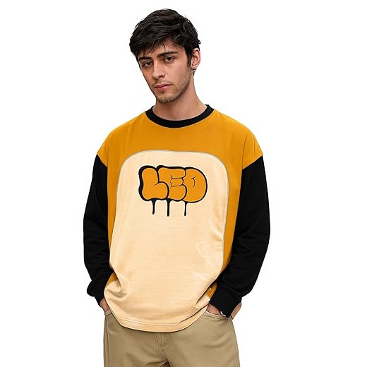 LEOTUDE Oversized Full Sleeve Cottonblend Graphic Printed Round Neck Drop Shoulder Tshirt for Man (Color Mustard)