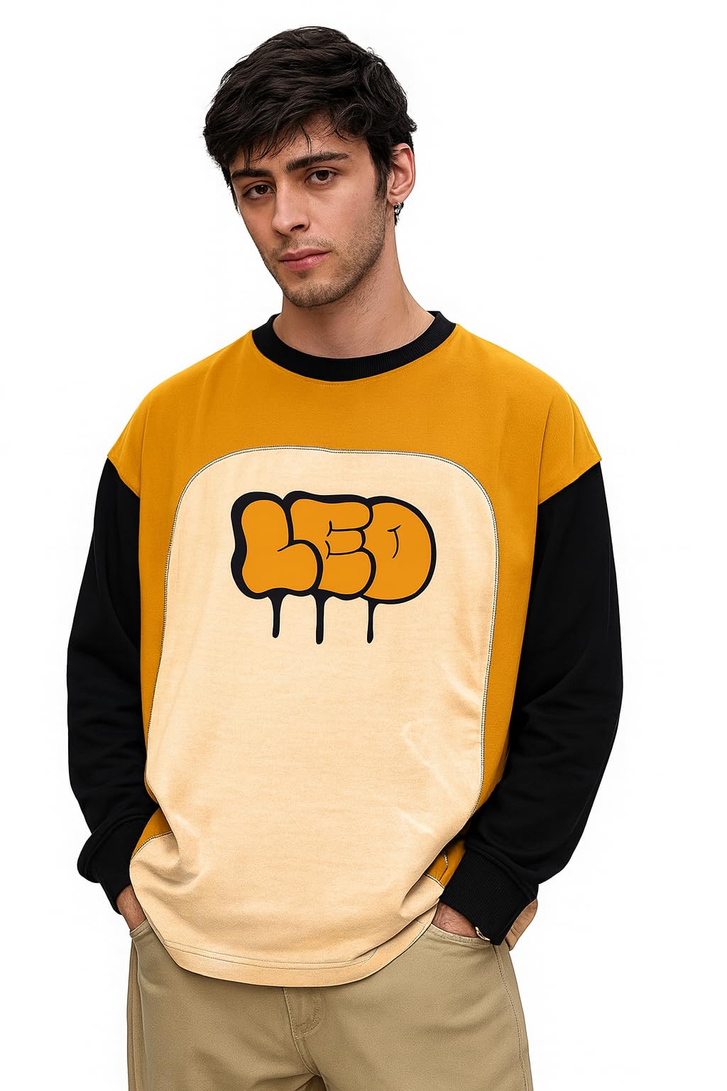 leotude Oversized Full Sleeve Cottonblend Graphic Printed Round Neck Drop Shoulder Tshirt for Man (Color Mustard)-picture-42