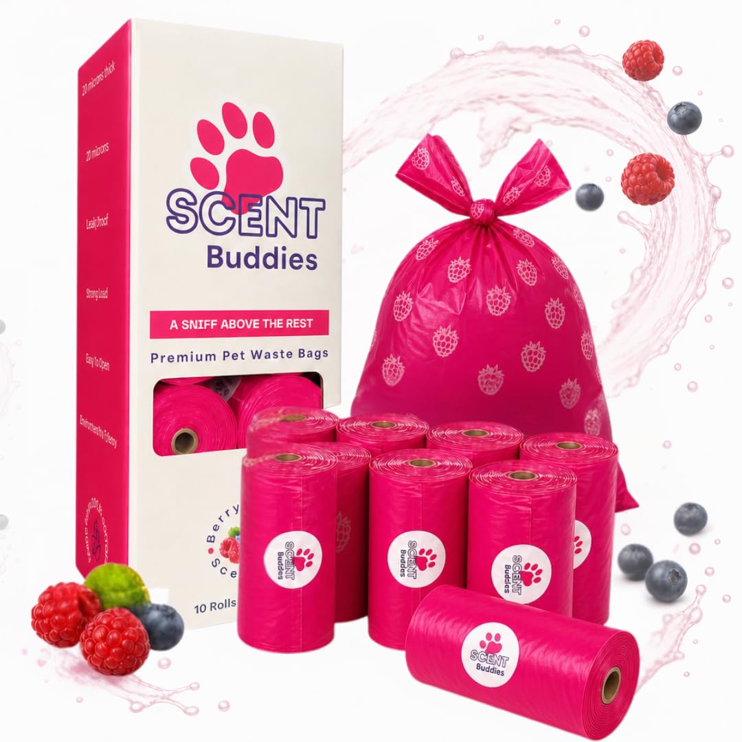 Scent Buddies Berry Bomb Scented Dog Poo Bags with Handles Extra Thick 20 Micron Leakproof Pink Poop Bags for Large Dogs Large Compostable Carrier for Pet Waste Box of 10 โ image 1