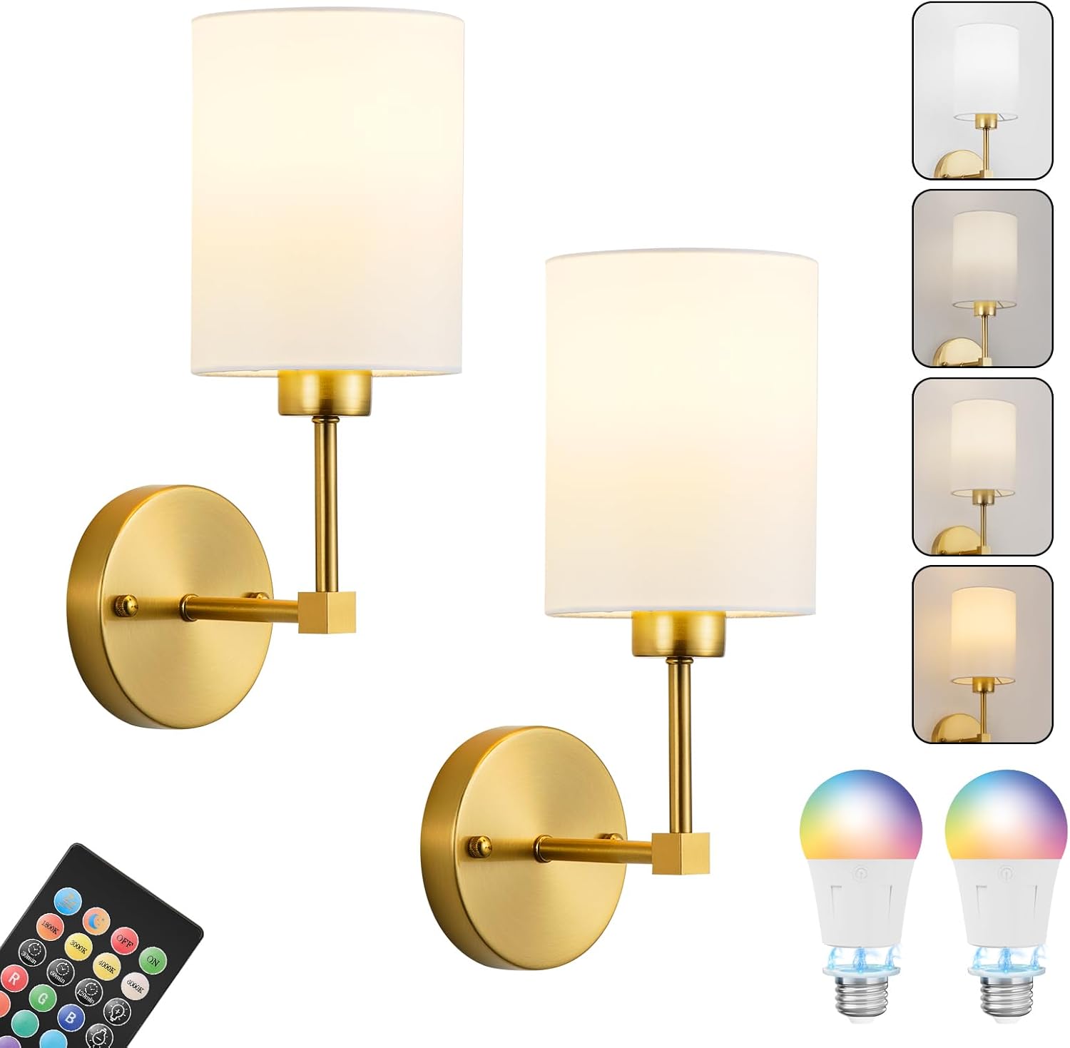 Battery Operated Wall Sconce Set of Two,Wireless Rechargeable Wall Light With Remote Control, Dimmable, 1800K/3000K/4000K/6000K/RGB, Timer, for Living Room, Bedroom, Fireplace, TV, 13.5 Inch, Gold Brass 13.5 Inch