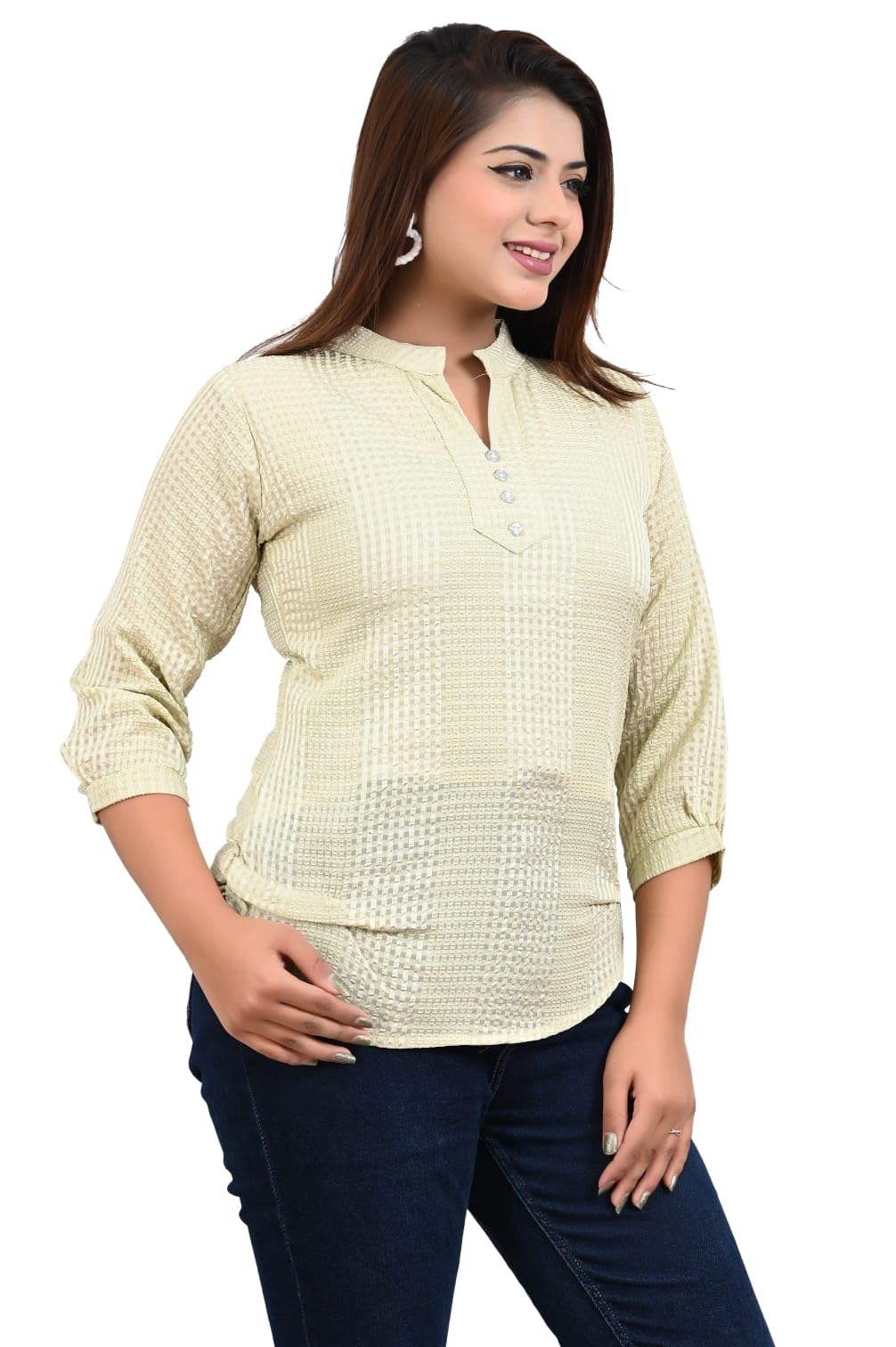 FELLAMO Checked 3/4 Sleeves Band Coller Top-127 Yellow-S 1