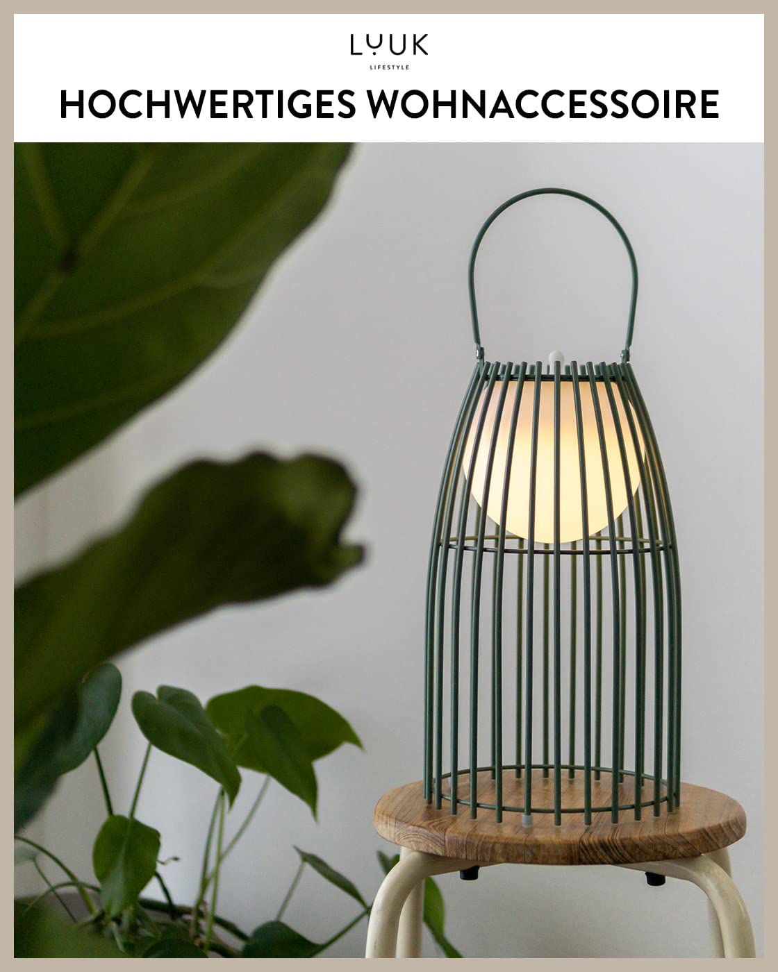 LUUK LIFESTYLE Hochwertige LED Lampe, wiederaufladbar bis zu 72 Std. Leuchtdauer, Outdoor Laterne in schlichtem Design, Camping Licht, moderne Dekoration, Innen und außen, Akkuleuchte, USB, grün matt