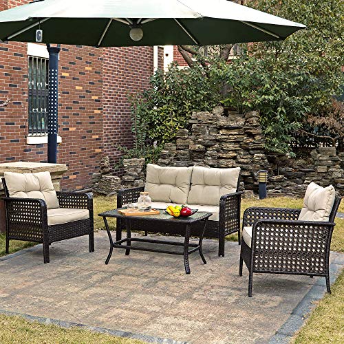 YITAHOME 4 Piece Outdoor Patio Furniture Sets, All Weather Wicker Deep Seating Outdoor Sofa Conversation Set with Coffee Table and Cushions, Hollowed-Out Rattan Design, Taupe