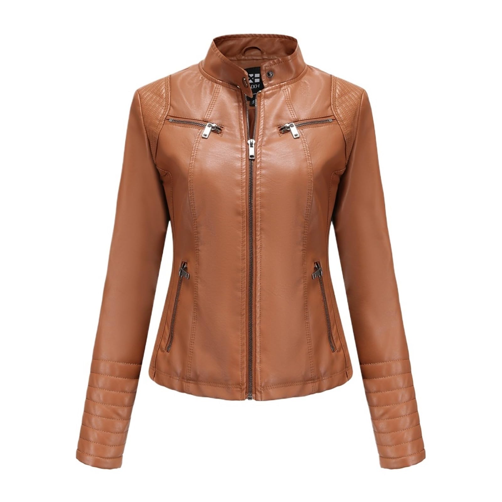 Chaqueta Cuero Mujer Women's Slim Leather Jacket Stand Up Collar Zipper Stitching Monochromatic Coat Para salir