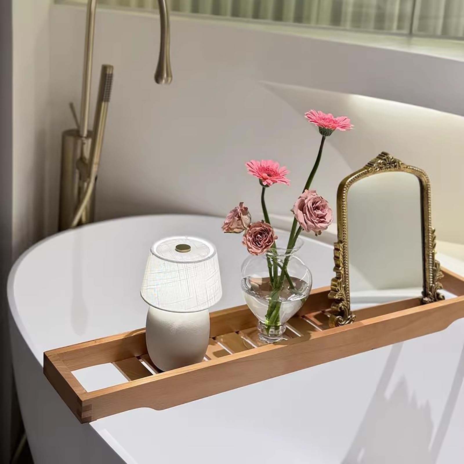 Bandeja de madera para bañera, de nogal, bandeja de mesa grande, soporte de listones largos, estante versátil, accesorios, regalo de spa para mujer