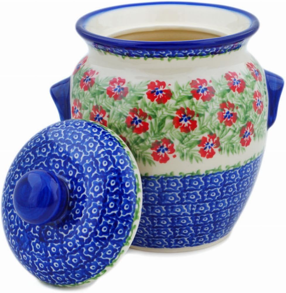 Polmedia Polish Pottery Jar with Lid and Handles - Midsummer Bloom Pattern Handmade in Boleslawiec Poland by Ceramika Bona + Certificate of Authenticity
