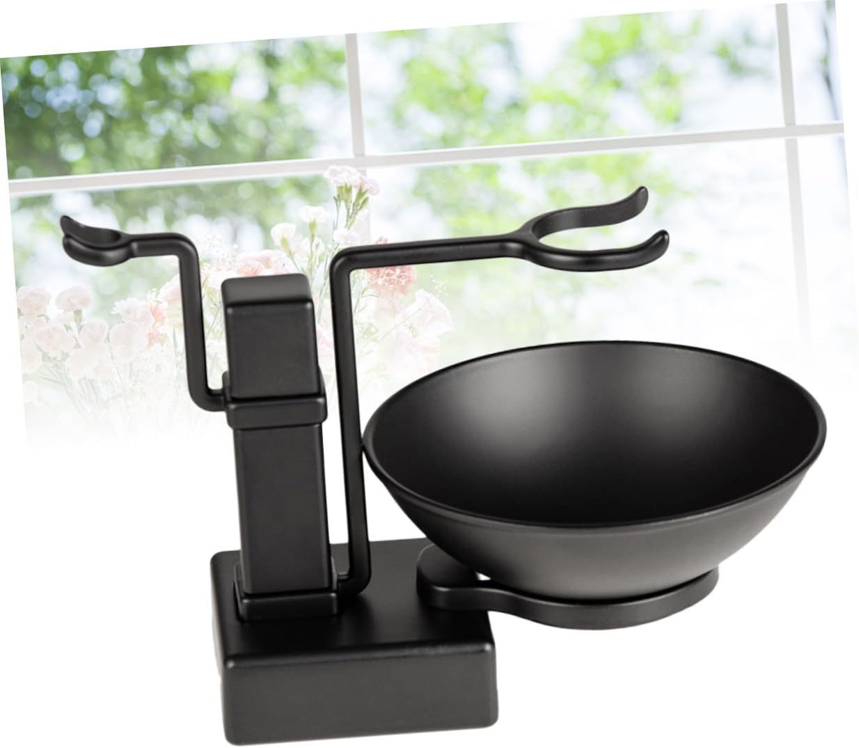 WOONEKY 2pcs Metal Shaving Rack and Bowl Set for Men Black Shaving Brush Holder Slip-resistant Base and Rustless Accessories Smooth Grooming Experience