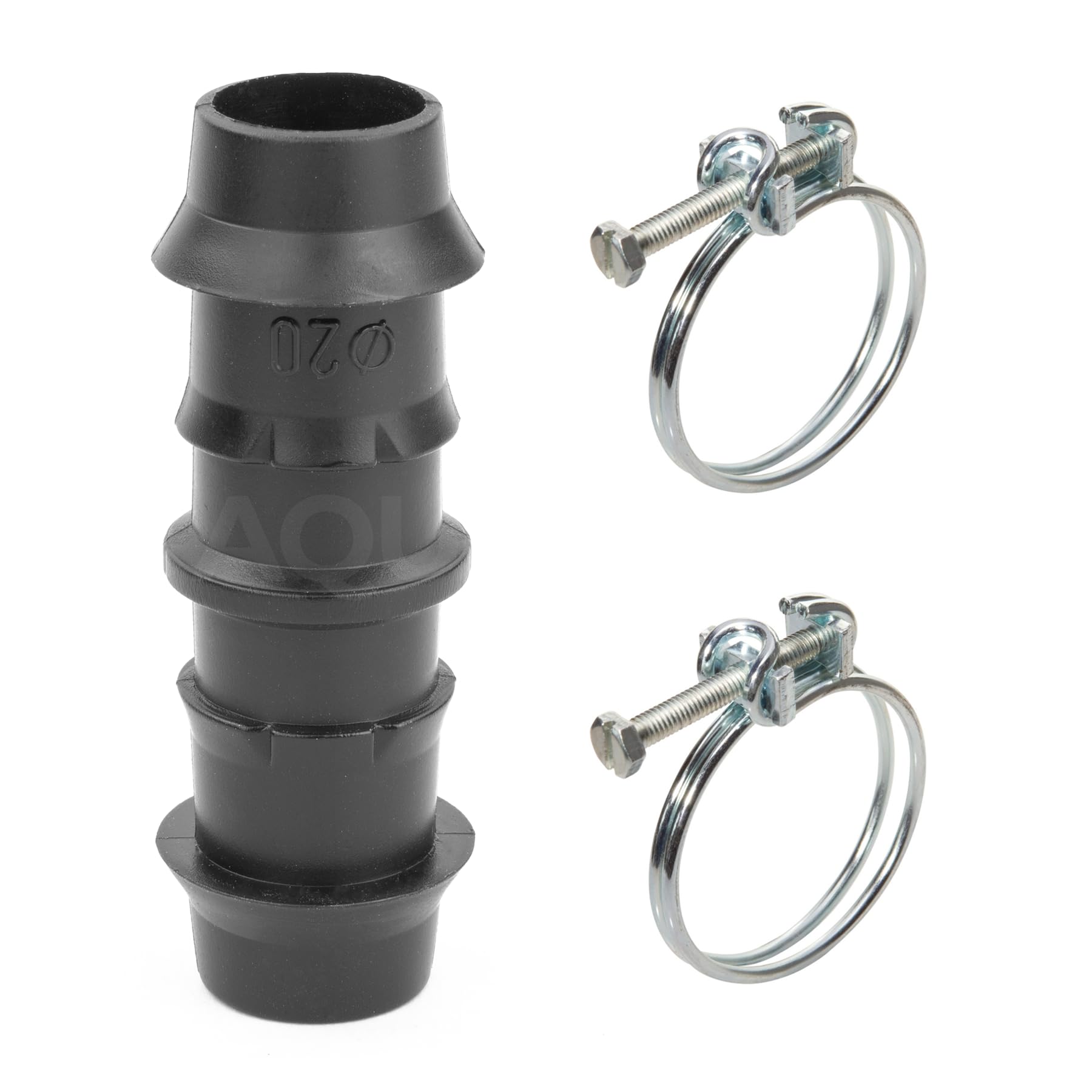 Pisces Black Inline Pond Or Garden Barbed Hose Joiner 20Mm- 20Mm (0.75-0.75 Inch) With 2X Double Wire Hose Clips- Tubing Adapter For Hosepipe