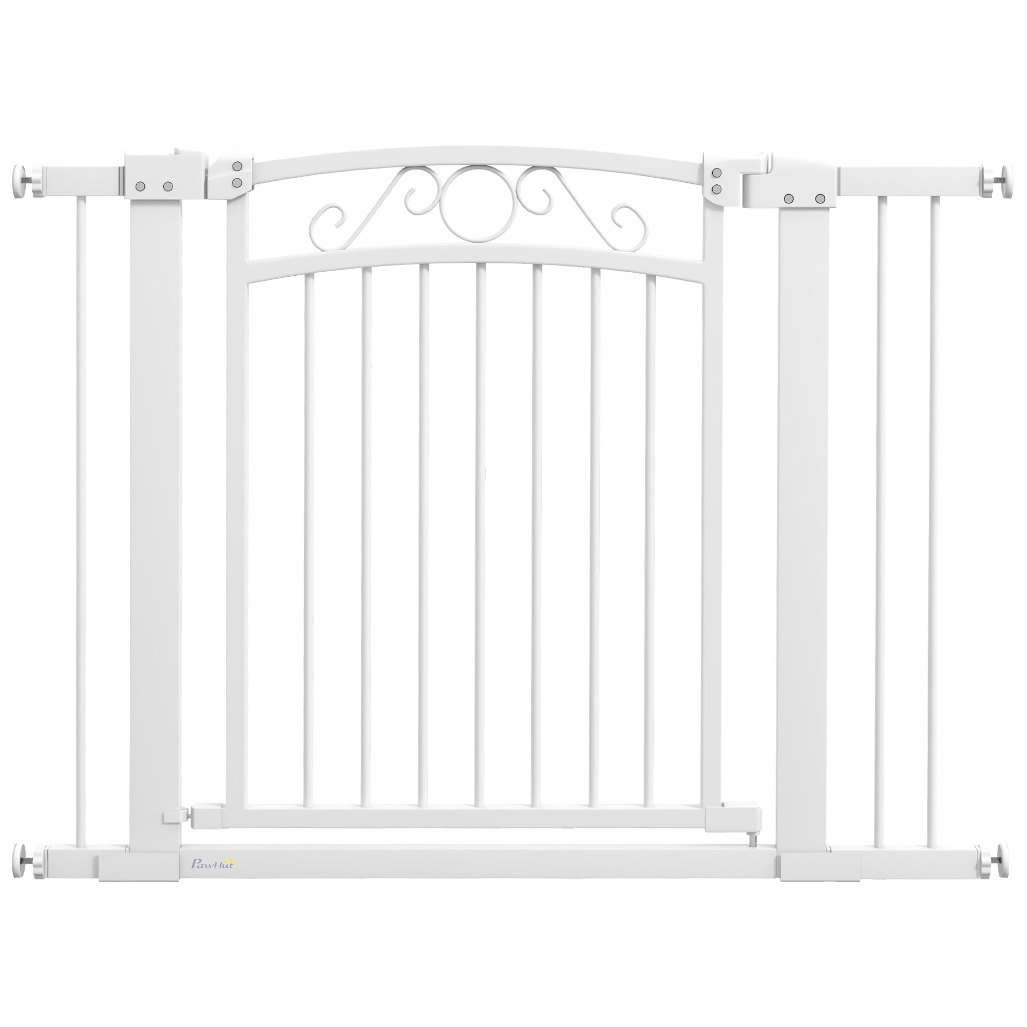 PawHut Barrera para Perros con Cierre Automático, Puerta para Perros 76-104 cm, Barrera de Seguridad con 2 Extensiones 7/14 cm, Fácil Montaje, Doble Bloqueo, para Escaleras y Puertas, Blanco