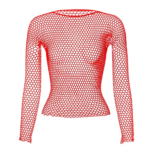 Men's Sexy Mesh See Through Shirt Fishnet Transparent Long Sleeve T-Shirt Training Workout Muscle Top Undershirts (Red,One Size)