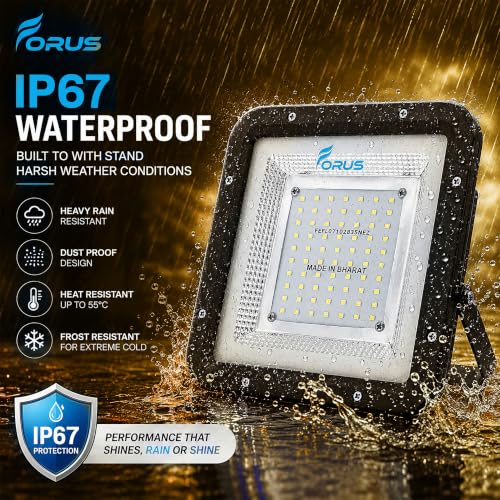 Image of Forus 50W LED Flood Light 4 Years Warranty, IP67 Waterproof Outdoor LED Floodlight, High Mast Focus Yellow Light, Energy Efficient Halogen Replacement for Factory, Garage, Parking, Garden (1 PC)