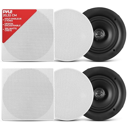 Pyle Enceinte Plafond/Murale de 20,3 cm - Paire d'Enceintes Stéréo 2 Voies à Gamme Complète avec Système Audio et Design Encastré avec Réseau de...