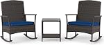 ORALNER 3 Pieces Patio Rocking Bistro Set, Outdoor Wicker Rocking Chairs with Cushions, Glass Coffee Table, Rattan Conversation Furniture Set for Balcony Front Porch Garden Deck Poolside (Navy)