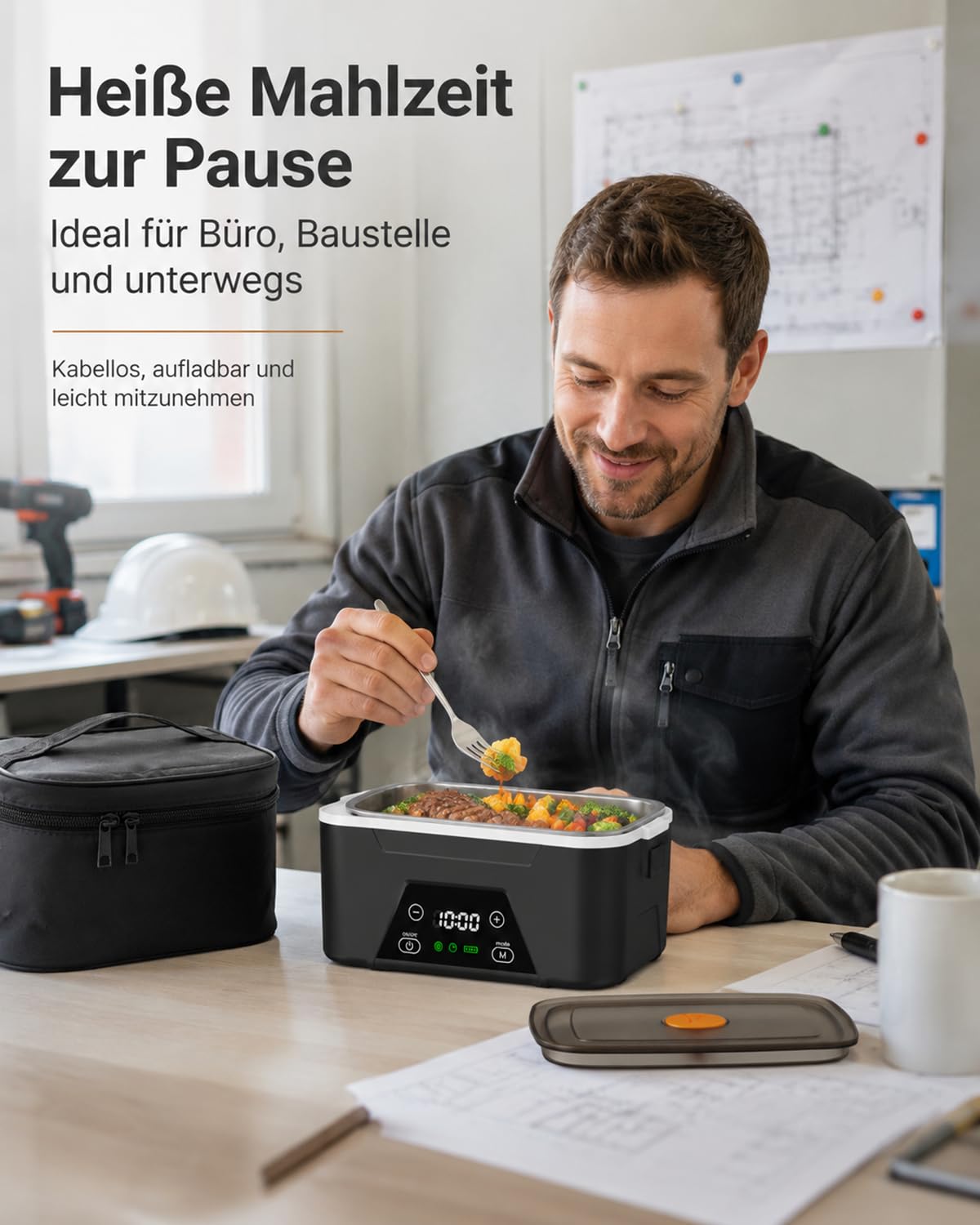 LANMOU Scaldavivande Elettrico Portatile, 1,5L Scaldavivande Batteria Ricaricabile USB, Batteria 18000 mAh, Timer, Acciaio Inox 304, Porta Pranzo Riscaldabile per Ufficio, Viaggio, Cantiere, Auto