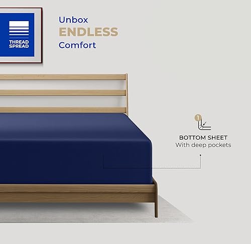 Miniatura 3 de Sábana bajera ajustable de 400 hilos, 100% algodón, color azul marino, tamaño California King, sábana bajera larga, algodón natural puro peinado,