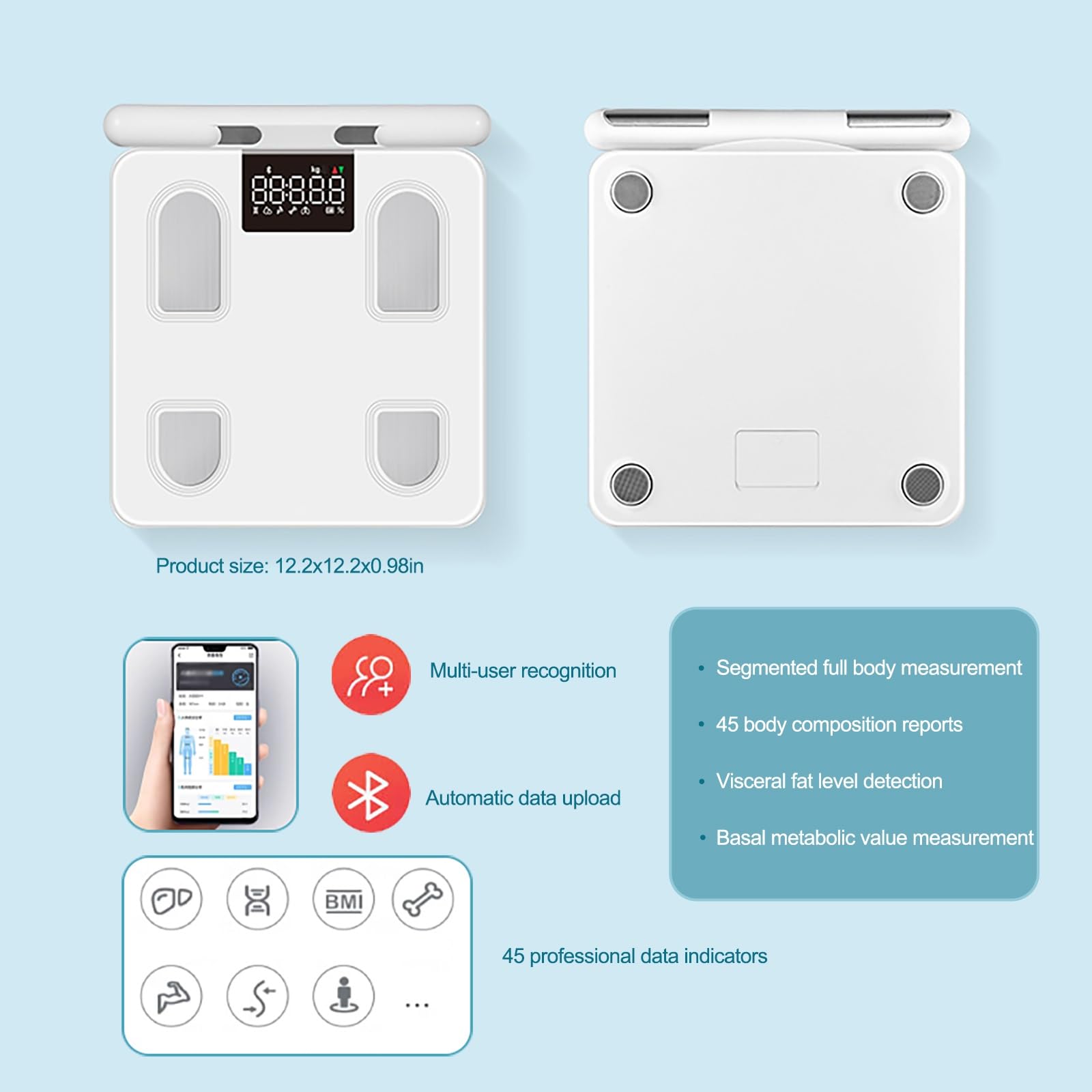 Bascula de Baño Electrónica, Bluetooth Inteligente con Aplicación, 45 Indicadores de Salud, Báscula Inteligente de Alta Medición Precisa, báscula Inteligente(White)