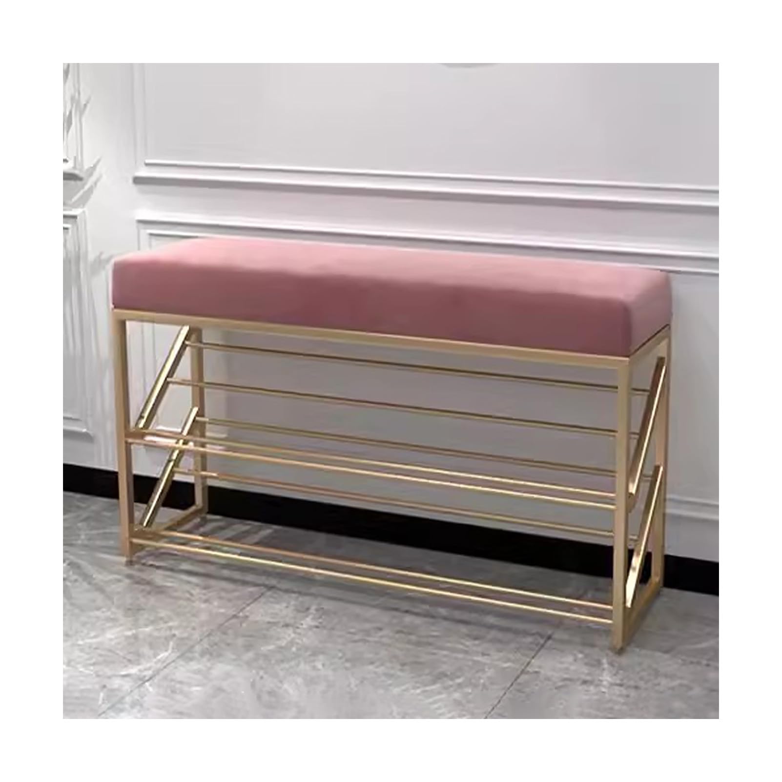 Narrow Hallway Shoe Rack Bench for Entryway Small Space Storage, Ottoman with Velvet Padded Seat, Metal Storage Shelf