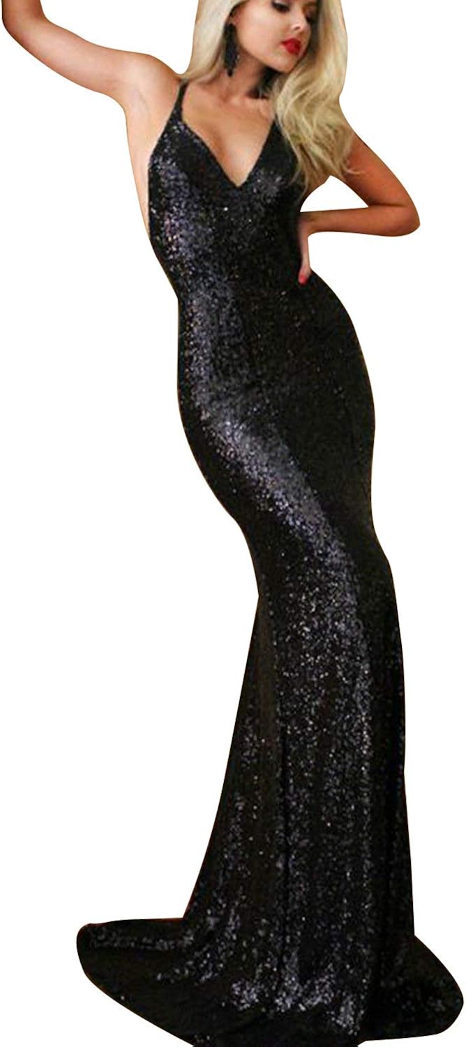 dys women's sequins mermaid prom dress spaghetti straps v neck backless gowns