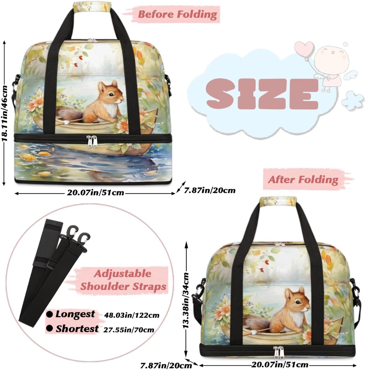 QsirBC Squirrel Fun Decor Gym Bag for Women Duffle Tote with Shoes Compartment Men Weekender Duffel for Dance Travel Sports Swimming Overnight
