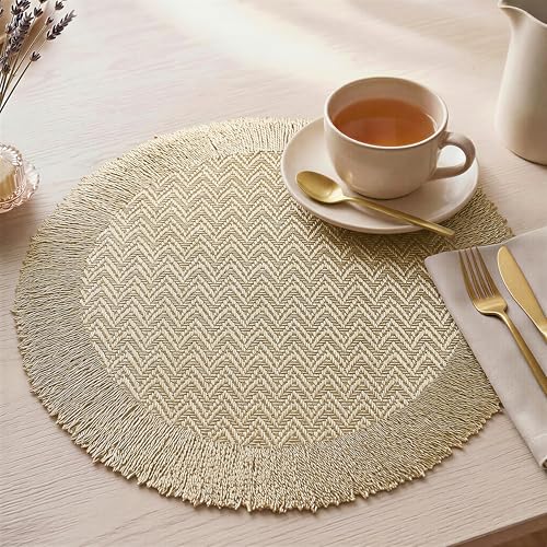 Image of Yellow Weaves 1 Pc PVC Round Table Placemat, Dining Table Mat, Stain Resistant, Anti-Skid, Waterproof, Washable, Dining, Kitchen, Restaurant Table Set Easy to Clean, Durable (Zig Zag Golden)