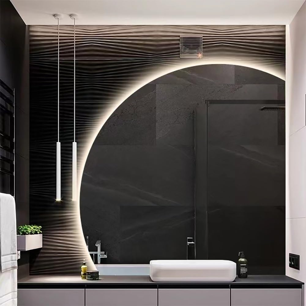 SXFSDOU LED Makeup Mirror for Bathroom 36x36inch Scalloped Anti-Fog Wall 3-Color Dimmable Backlit Decorative with Touch Switch Shatter-Proof Frameless Vanity 40x40inch(Left,28in/