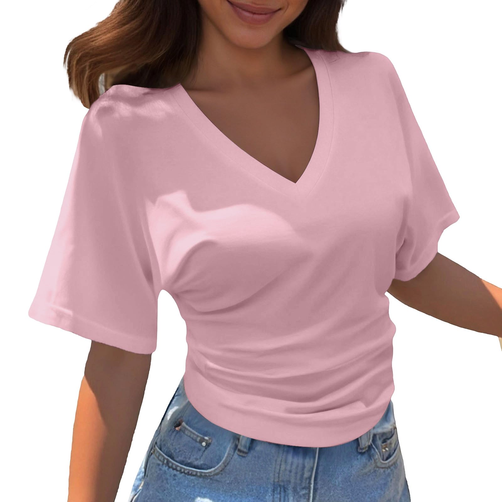 T-shirt damski, na lato, elegancki, dekolt w serek, koszulka basic, z krótkim rękawem, jednokolorowa, oversize, dla kobiet, nastolatków, dziewcząt