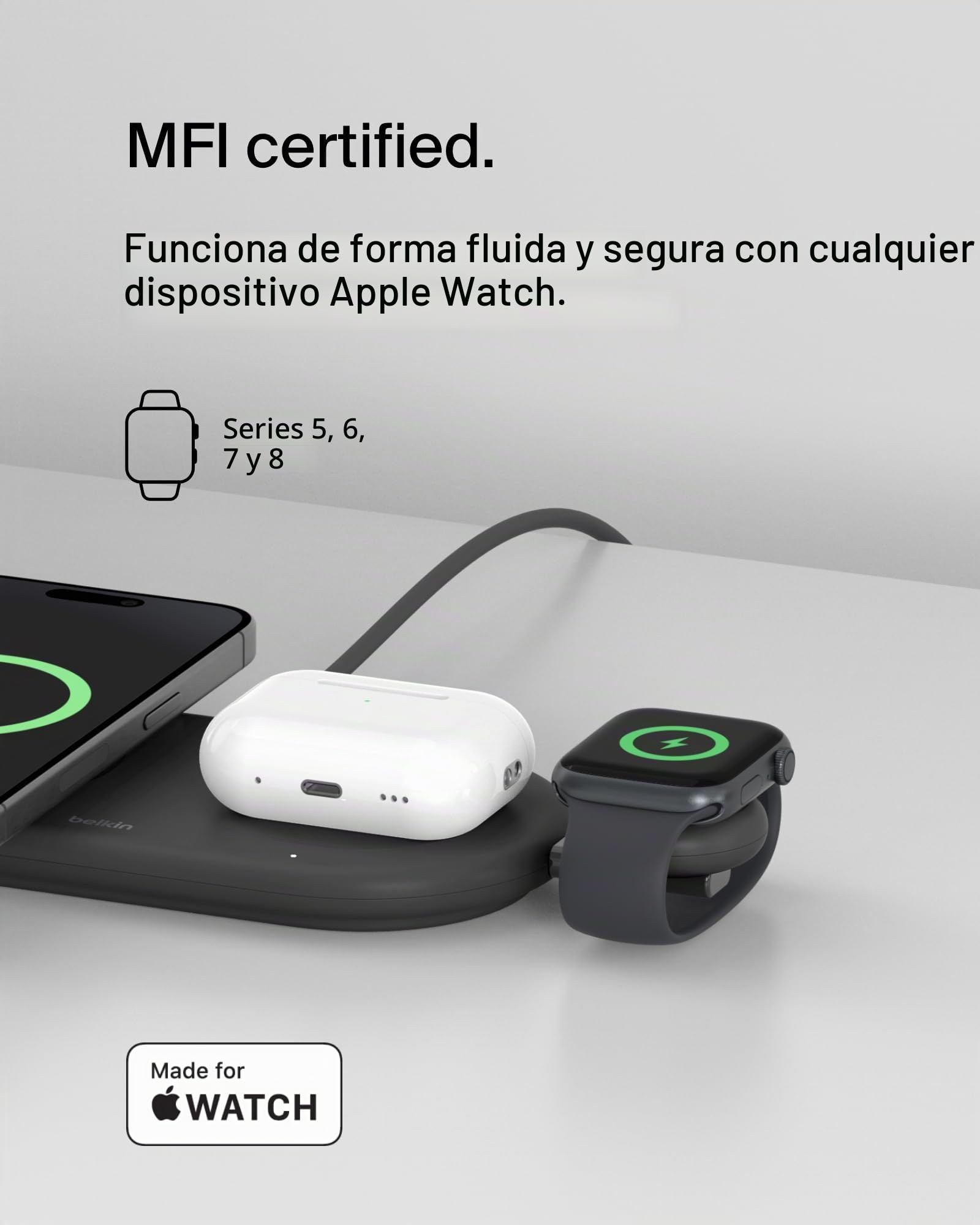 Belkin BoostCharge Pro Cargador USB-C Portátil para Apple Watch, Carga Rápida USB-C con certificación MFi para Apple Watch Series 11, 10, 9, Ultra, MacBook, iPhone 17 y Otros - Negro | Apple Watch Series 9/8/7, Ultra compatible, compatible con MacBook y i