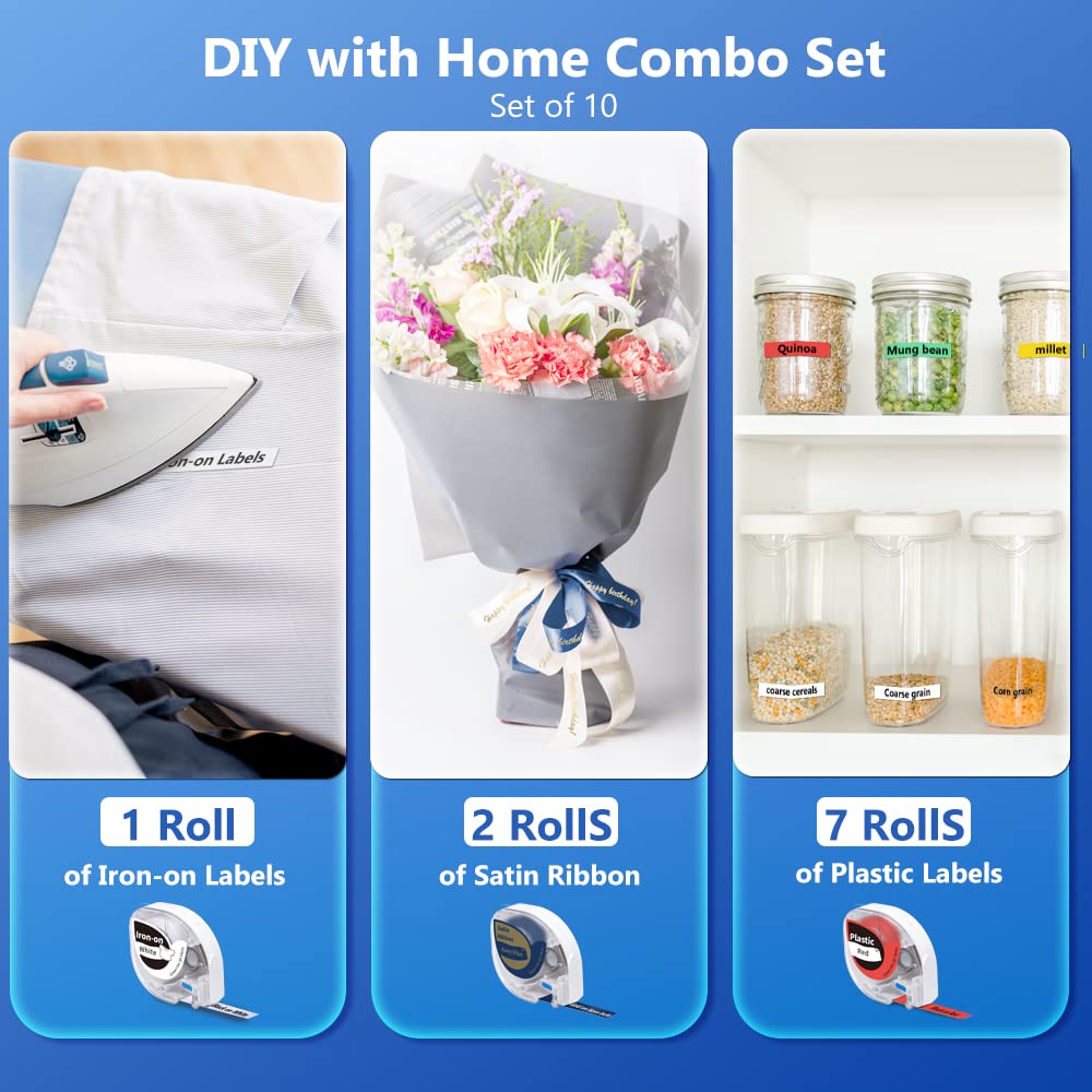 Phomemo P12 Etichettatrice con 10 Nastri (Raso/Termoadesivo/Plastica), Stampante di Etichette Bluetooth Portatile, Set Regalo per Casa, Scuola e Ufficio, Compatibile con iOS e Android