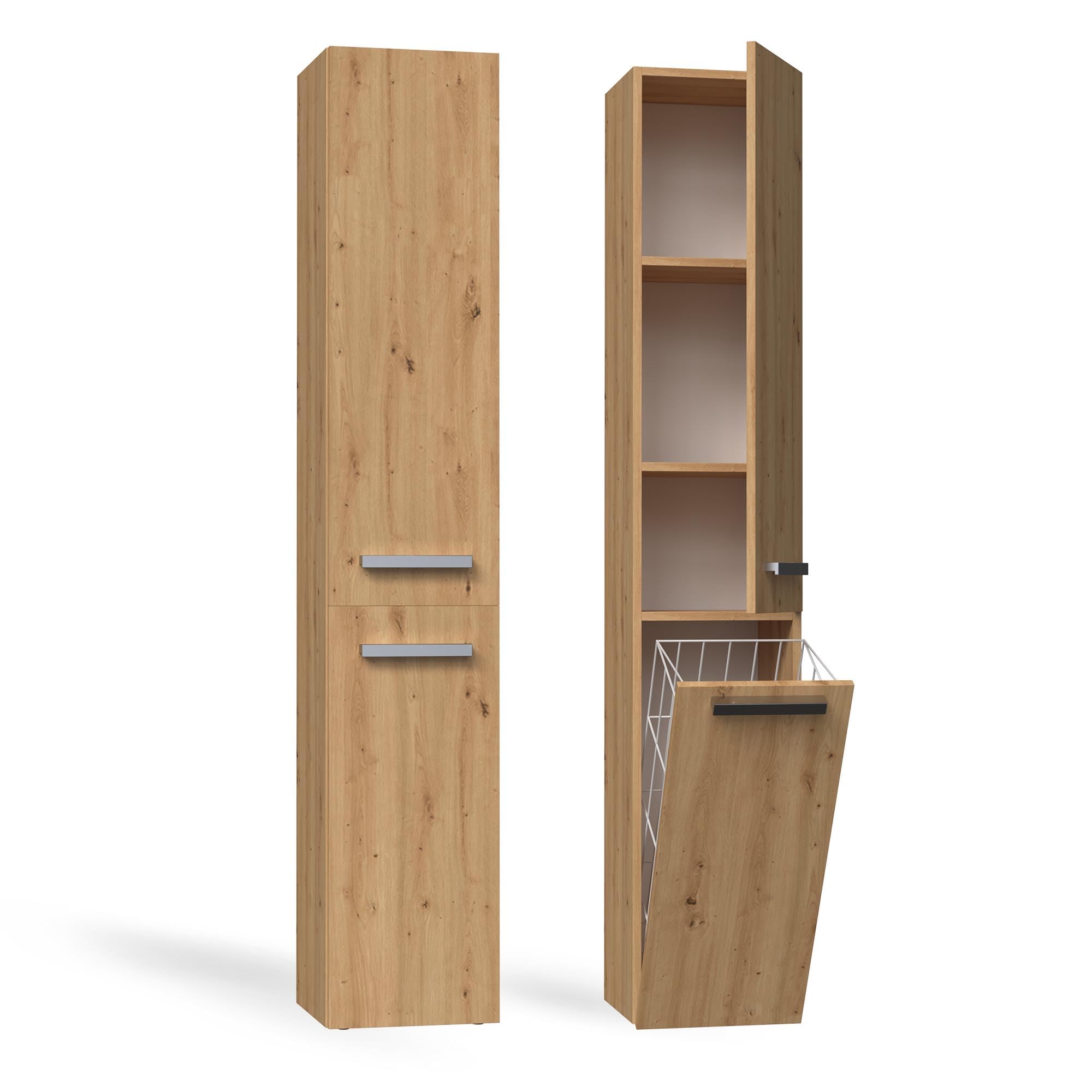 CDF Badezimmerschrank Badschrank Schmal Hoch, Bad-Hochschrank mit 1 Wäschekorb Breite: 31 cm, Badezimmermöbel Aufbewahrungsschrank für kleine Räume Badmöbel WC Eiche Artisan/Anthrazit 30x31x174 cm