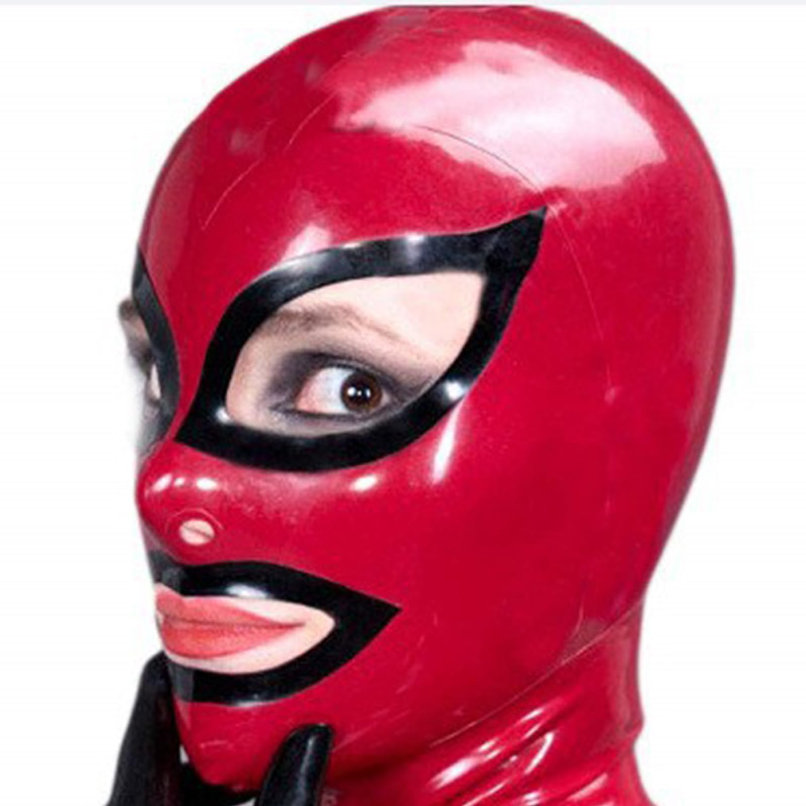 DSPENGS BDSM Latex Hood Halloween Open Eyes Mouth Nose Full Face Mask Handmade for Cosplay Costume Headdress(Size:XS-60CM)