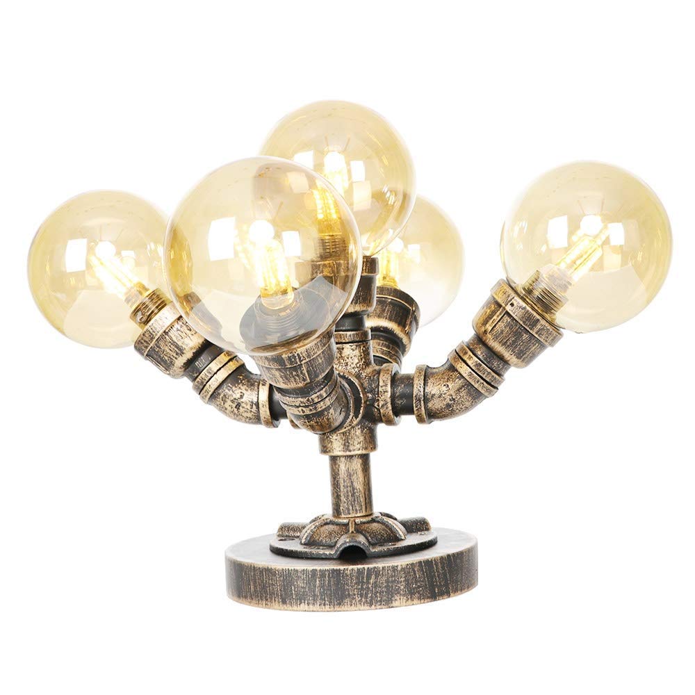 Loft Style Desktop Lamp with Amber Global Glass Shade - 5 Lights Steampunk Industrial Vintage Rustic Metal Desk Lamp, Round Wooden Base
