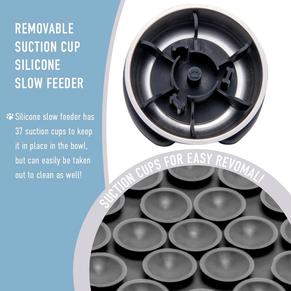 FRONT ROW 3-in 1 Premium Dog Bowl, w/Double Wall Stainless Steel Vacuum Insulated Dog Bowl, Suction Cup Silicone Slow Feeder Insert, Ergonomic Bowl Stand, Anti-Slip Base, 4 Cups 32 Fl Oz (Black)